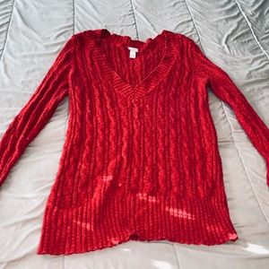 Red V-neck cable knit sweater